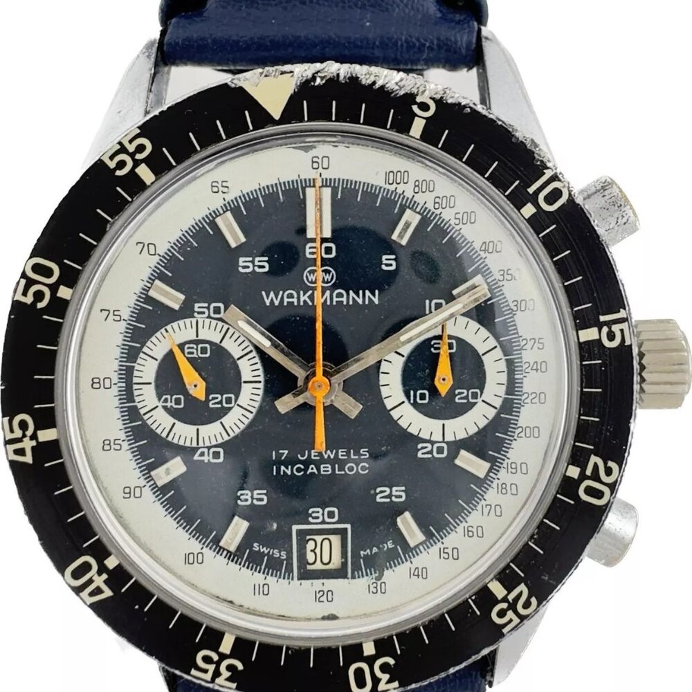 Vintage Wakmann Big Boy 13.36.00 Men Chronograph Watch Valjoux 234 Rare Serviced